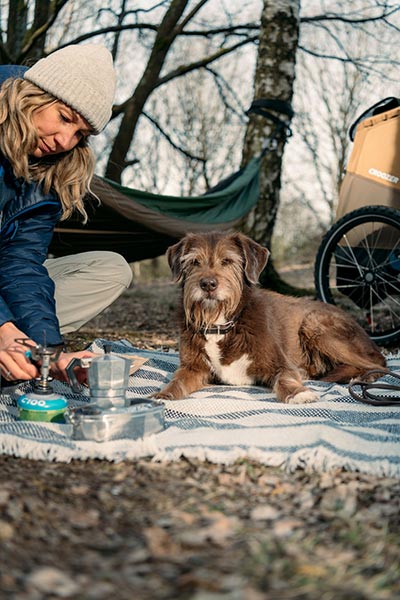 Woman camping with dog and Croozer bike trailer - outdoor adventures with pet transport