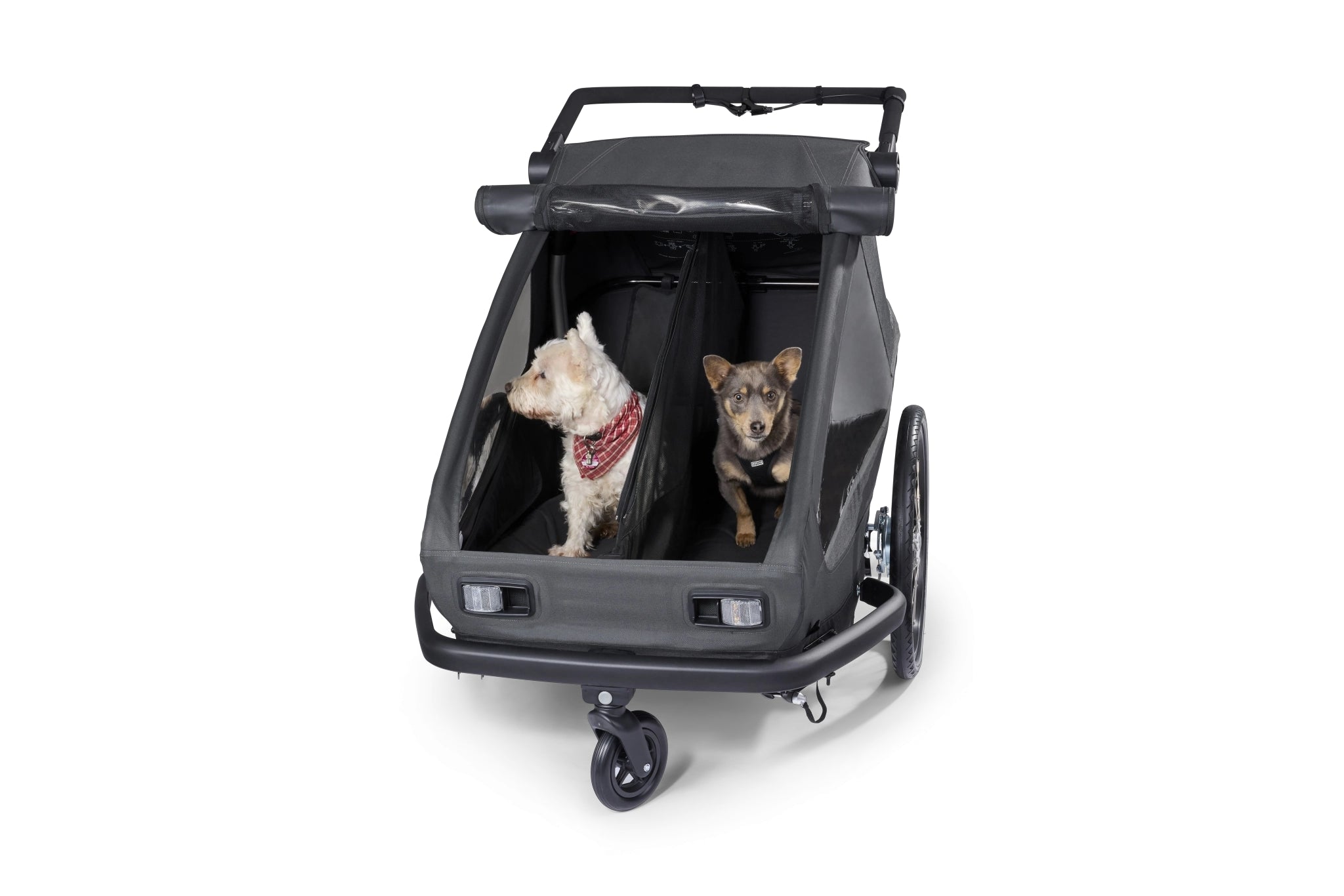 Croozer Yuuna modular trailer featuring two dog modules with dogs separated by partition net