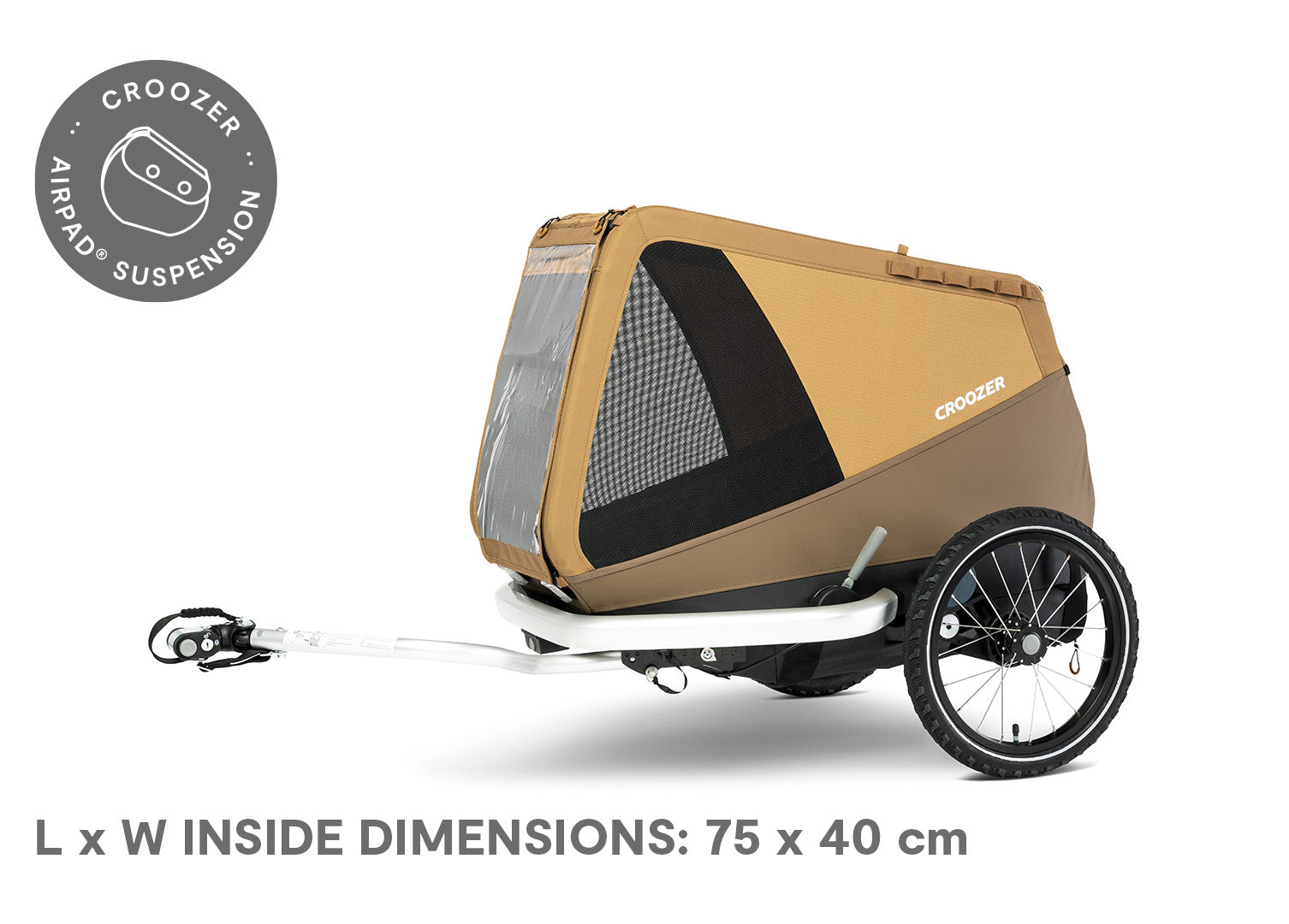 Croozer Dog Enna bike trailer with featured AirPad Suspension measuring 75 x 40 cm