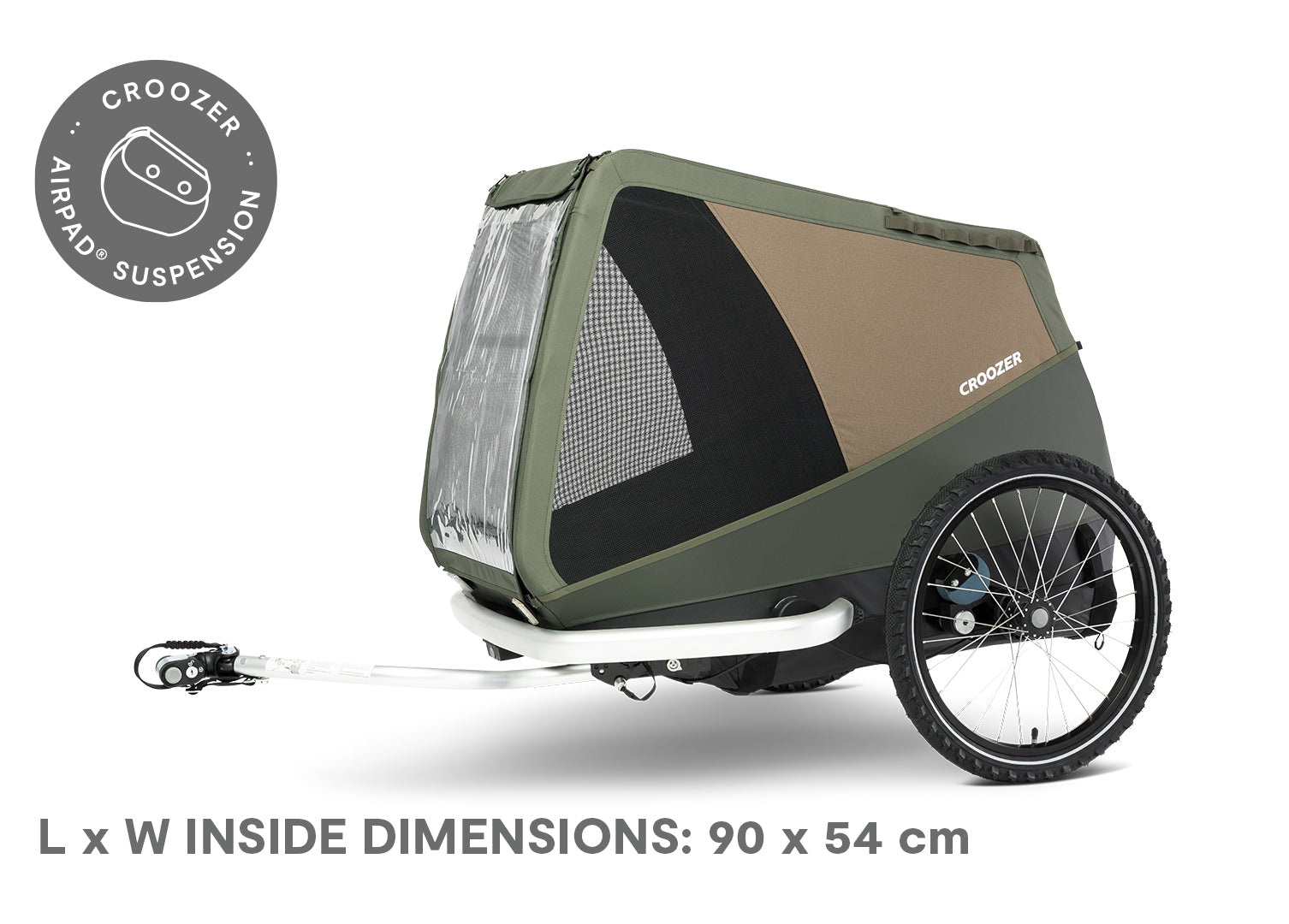Croozer Dog Mikke bike trailer with featured AirPad Suspension measuring 90 x 54 cm