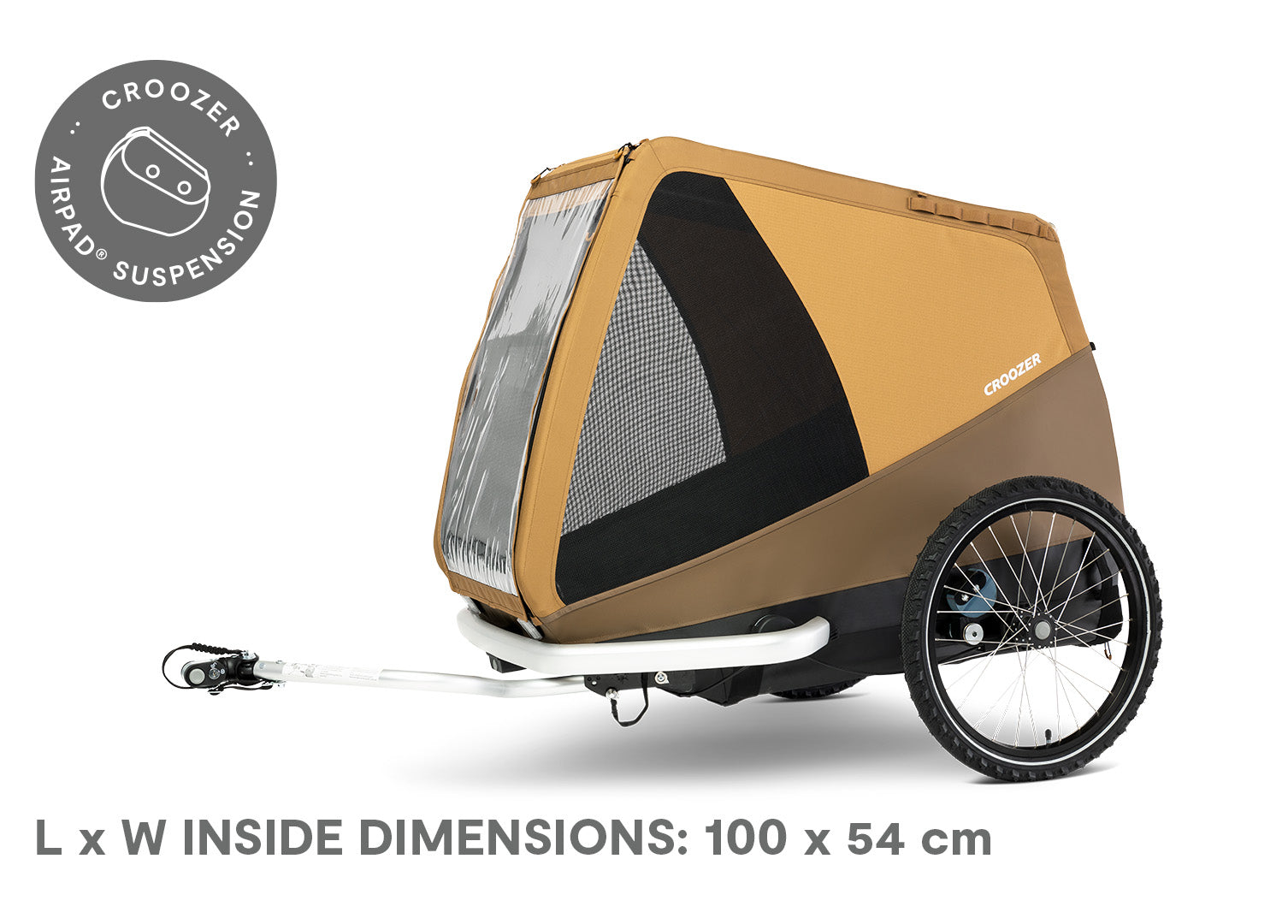 Croozer Dog Tammo bike trailer with featured AirPad Suspension measuring 100 x 54 cm