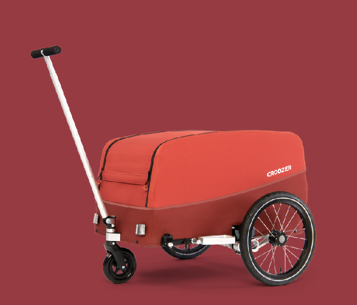 Croozer Cargo Tuure in Lava Red with attached handcart kit for even more practical use