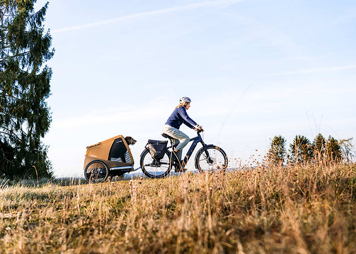 Woman on countryside bike tour with her dog in the Croozer Dog trailer
