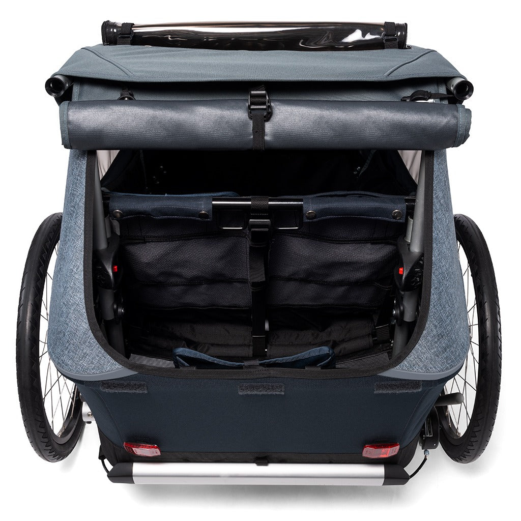 Croozer Kid Vaaya two-seater in Graphite Blue - back view with open lid