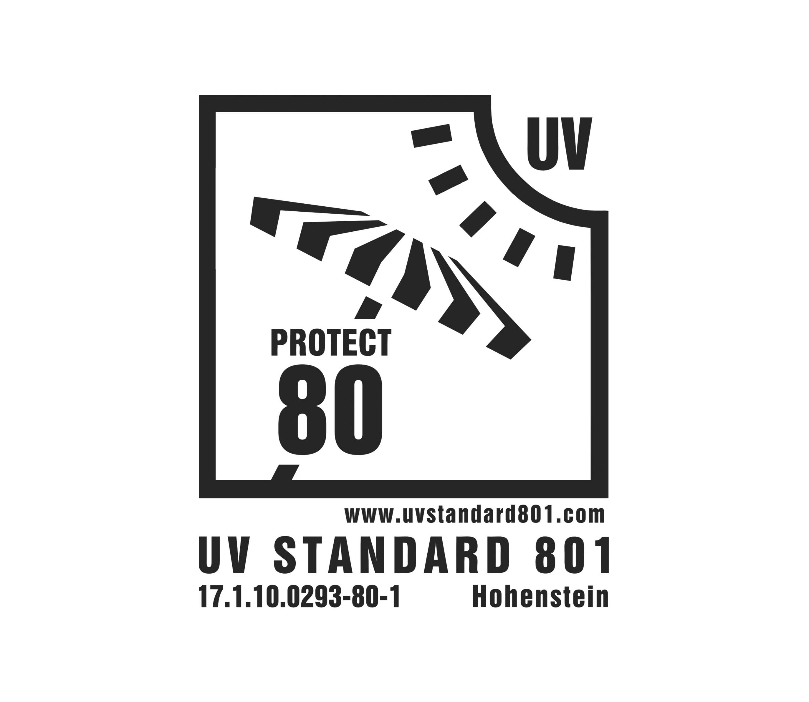UV Standard 801 certification logo - UV Protect 80 sun protection rating for outdoor textiles