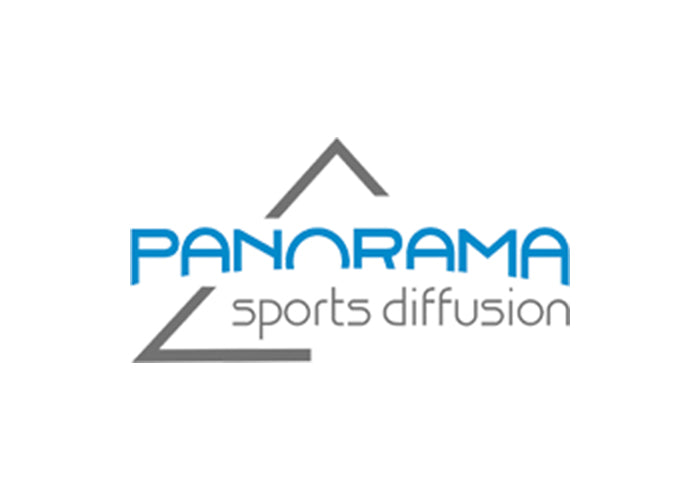 Panorama Sports Diffusion logo blue text with grey geometric triangle design