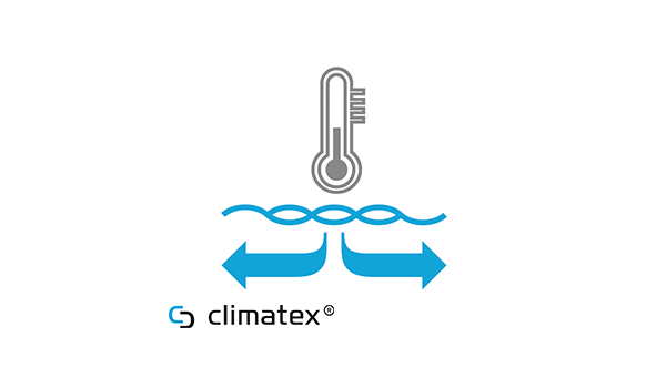 Climatex temperature regulation icon with thermometer and heatflow arrows for optimal climate control