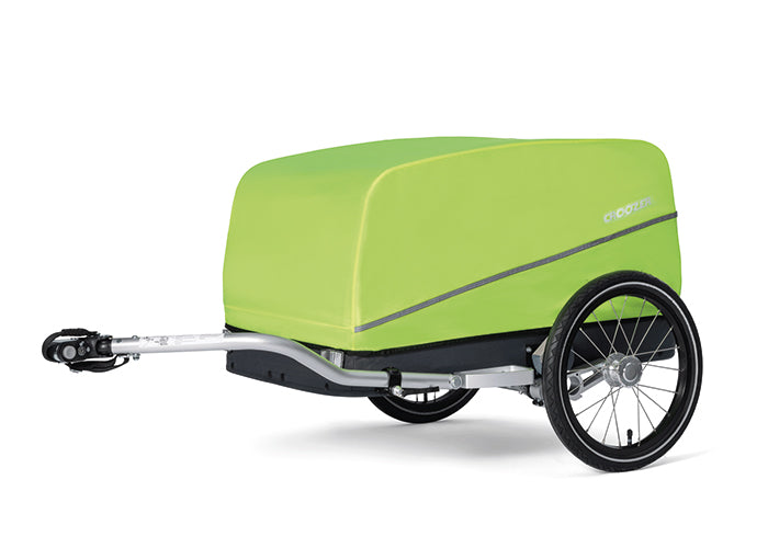 Croozer cargo bike trailer in lightning yellow with rain cover and aluminum hitch arm
