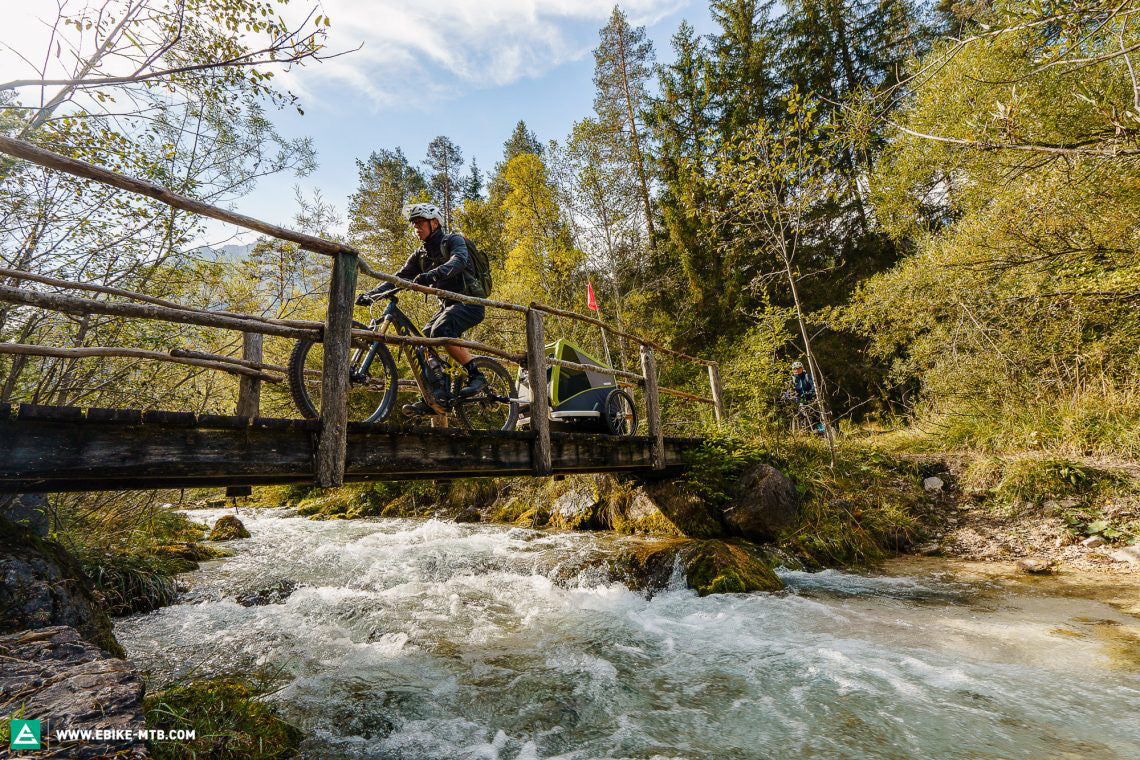 Mountain biker with Croozer dog trailer crossing wooden bridge over flowing stream in autumn forest