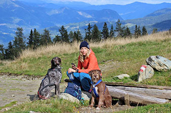 Woman in orange jacket sitting on wooden bench with two dogs enjoying mountain vista with blue peaks