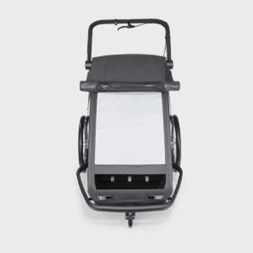 Yuuna Fahrradanhänger integriertes Sonnenverdeck und 360 Grad Verschattung GIF auf weißem Hintergrund