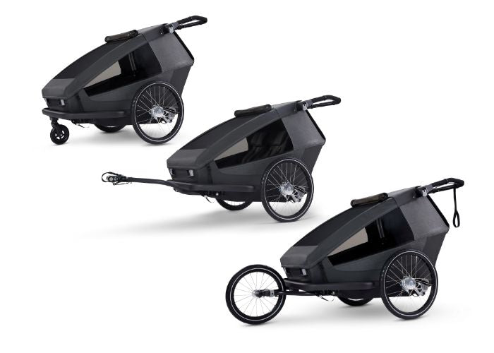 Yuuna modular trailer displaying three-in-one versatility: buggy, trailer and jogger