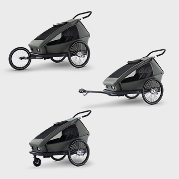 Ellma Croozer Kinderfahrradanhänger dargestellt im Joggermodus, als Fahrradanhänger und im Buggymodus 3in1