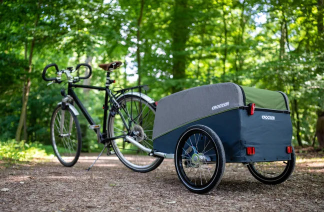 Bike and Croozer Cargo trailer standing in the forest - back view