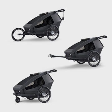 Yuuna Croozer Kinderfahrradanhänger dargestellt im Joggermodus, als Fahrradanhänger und im Buggymodus 3in1